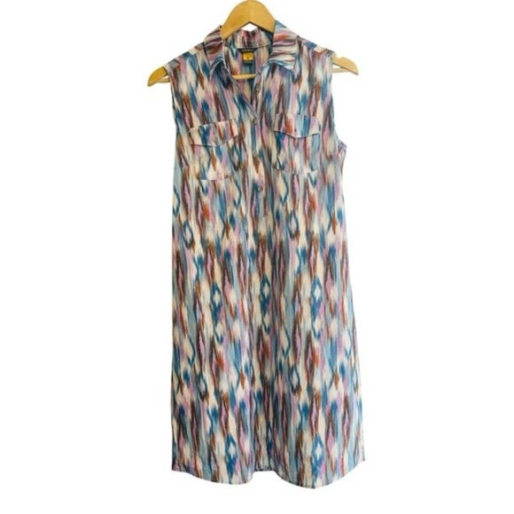 Eddie Bauer Blue IKAT Sleeveless Shirt Dress Small Boho Travel Summer Style - Picture 1 of 9